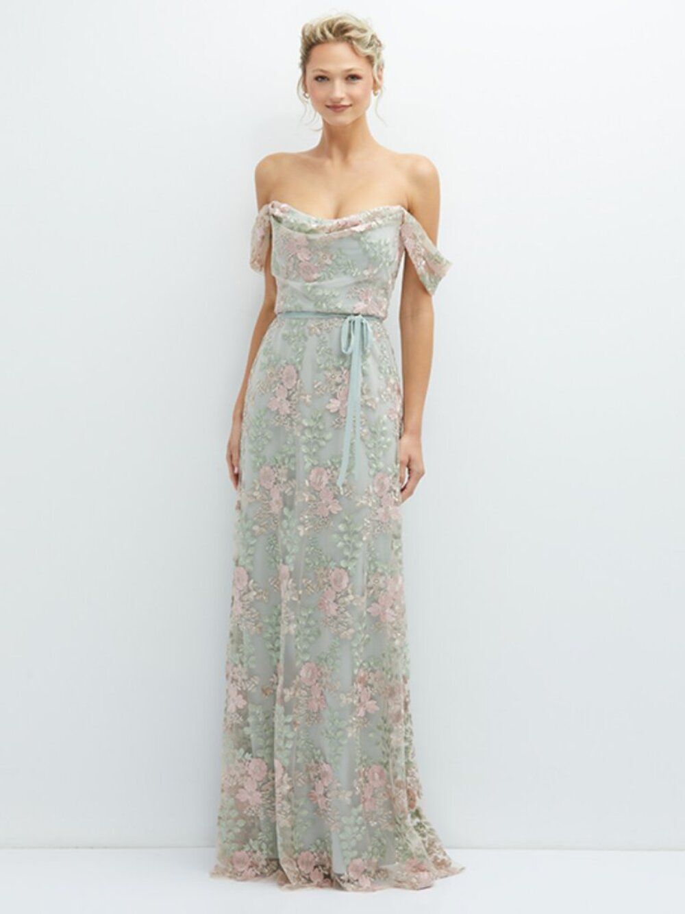 Dessy Sage & Pink Floral Embroidered Long Off Shoulder Bridesmaid Evening Dress
